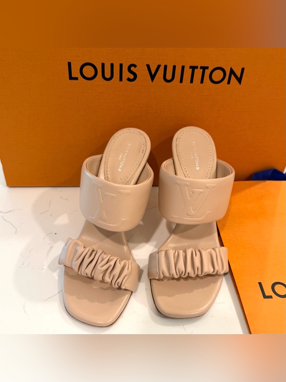 Louis Vuitton Drapy Heel Mules – Nude Beige – Size 37.5